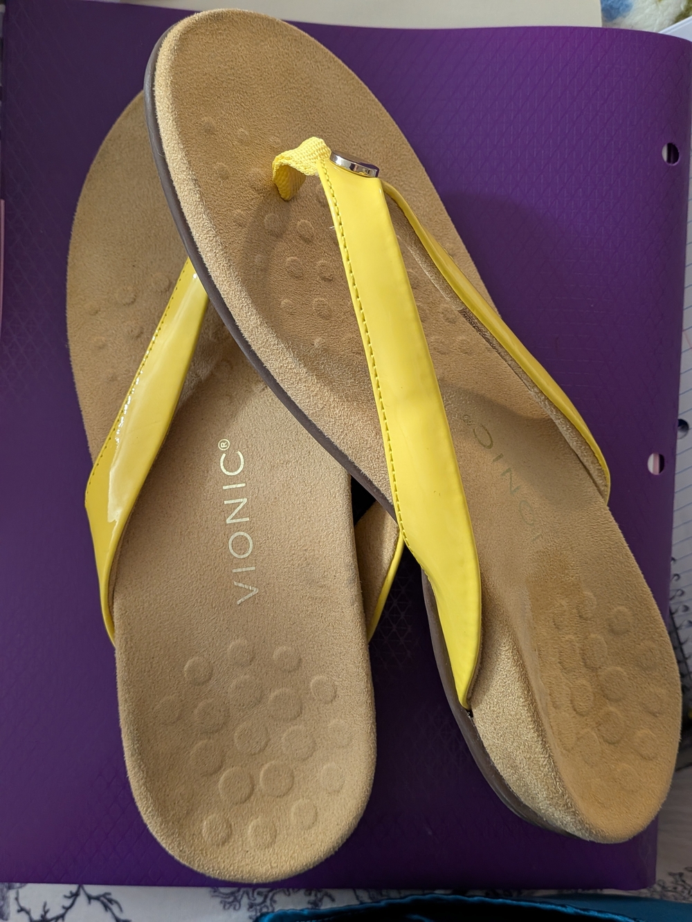 Vionic Yellow Patent Thong Sandals with Suede Footbed